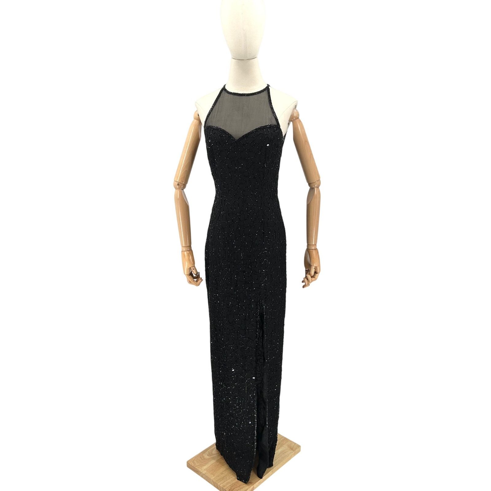 Vintage Vintage 90s Black 100% Pure Silk Beaded Lattice Back Gown Size S / US 4 / IT 40 - 4 Thumbnail
