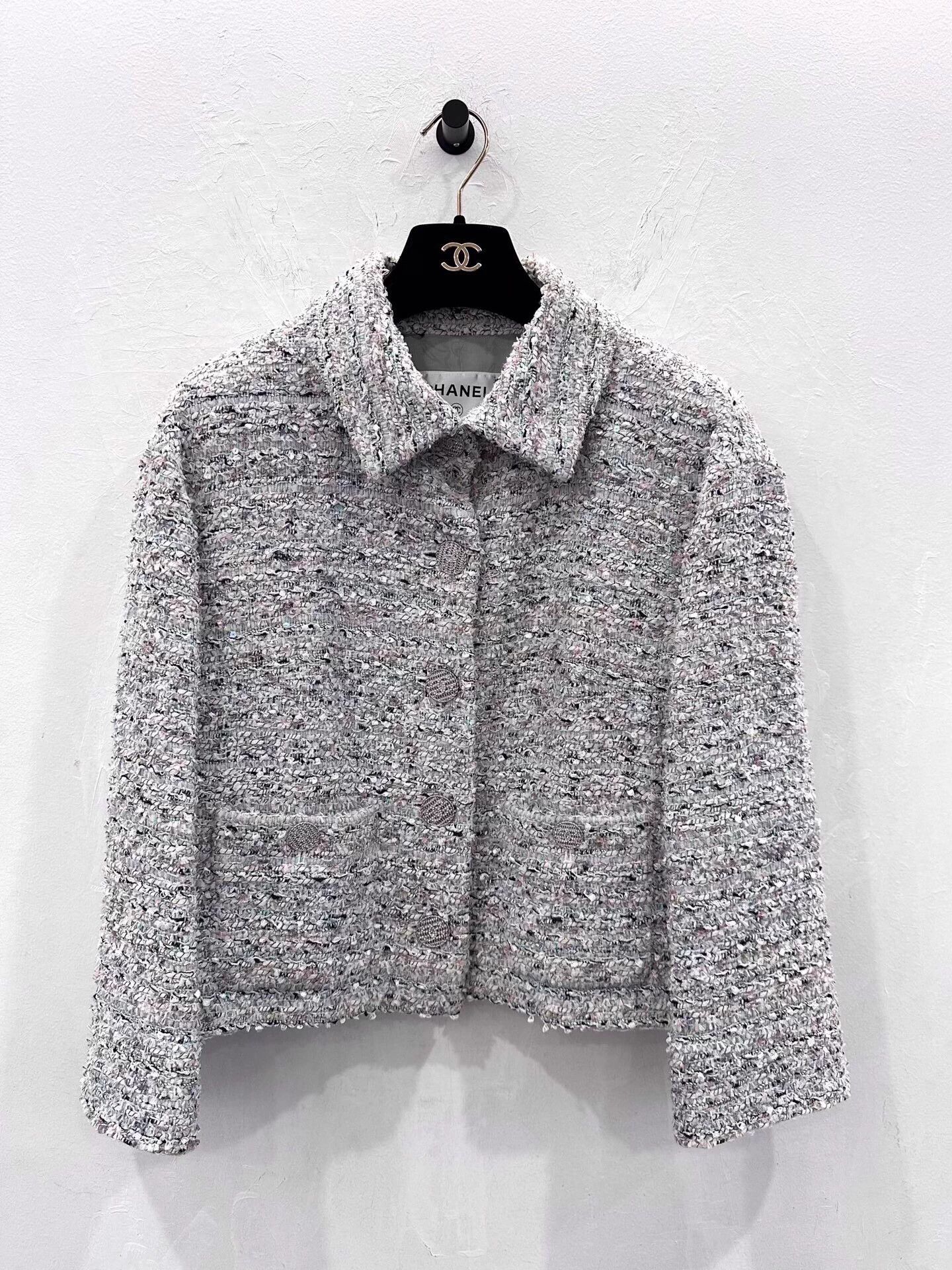 Chanel CHANEL Blue Tweed Jacket Silver Crystal CC Logo Women's 40 Size M / US 6-8 / IT 42-44 - 1 Thumbnail