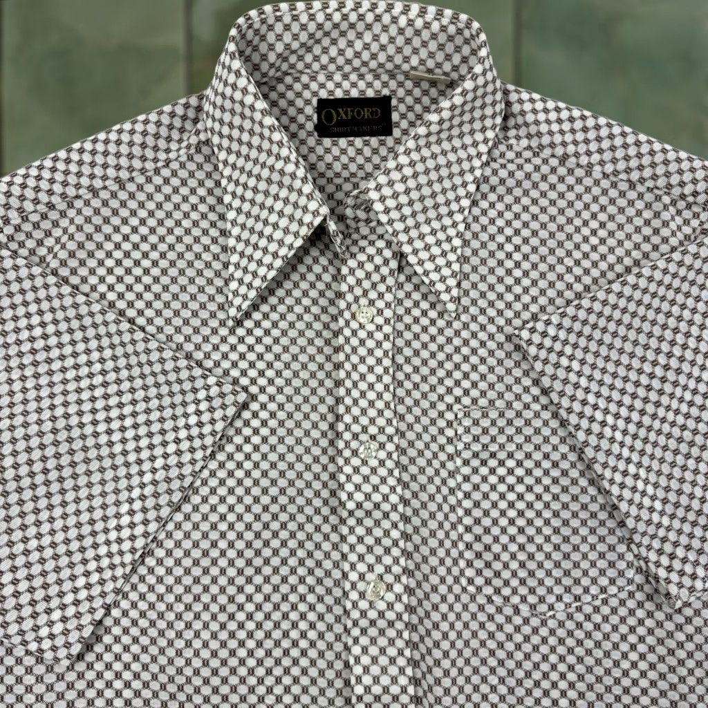 J Brand VINTAGE Oxford Button-Up Shirt Geometric Short Sleeve Adult XL White 70s USA Mens Size US XL / EU 56 / 4 - 1 Thumbnail