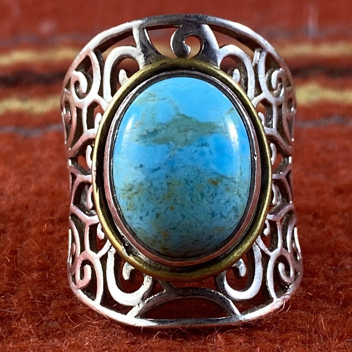 Japanese Brand × Kapital × Vintage Vtg Sterling Silver Turquoise Chunky Two Tone Signet Ring Size ONE SIZE - 4 Thumbnail