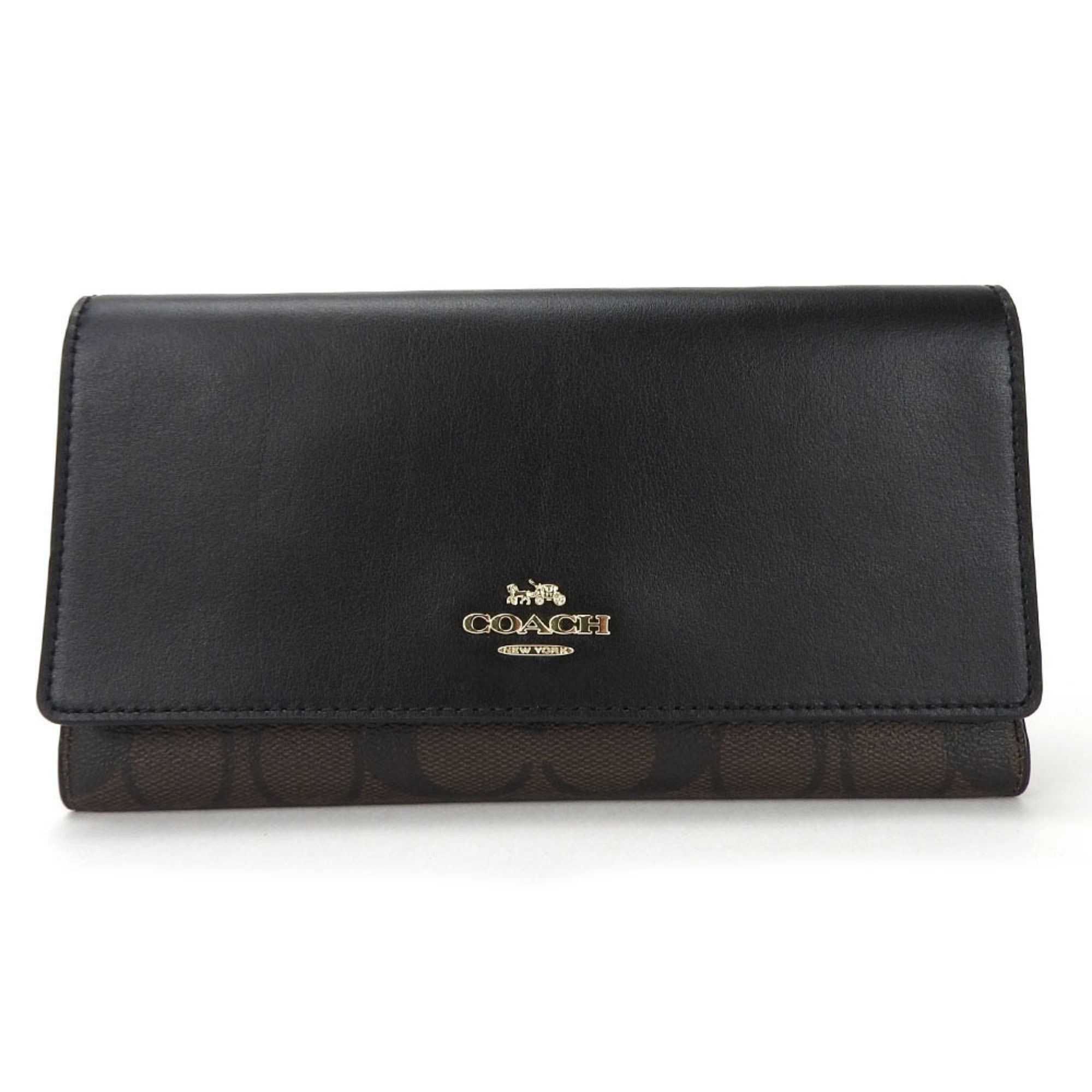 image of Coach Tri-Fold Long Wallet Signature Pvc F88024 Dark Brown Black Leather Ladies Coach, Women's