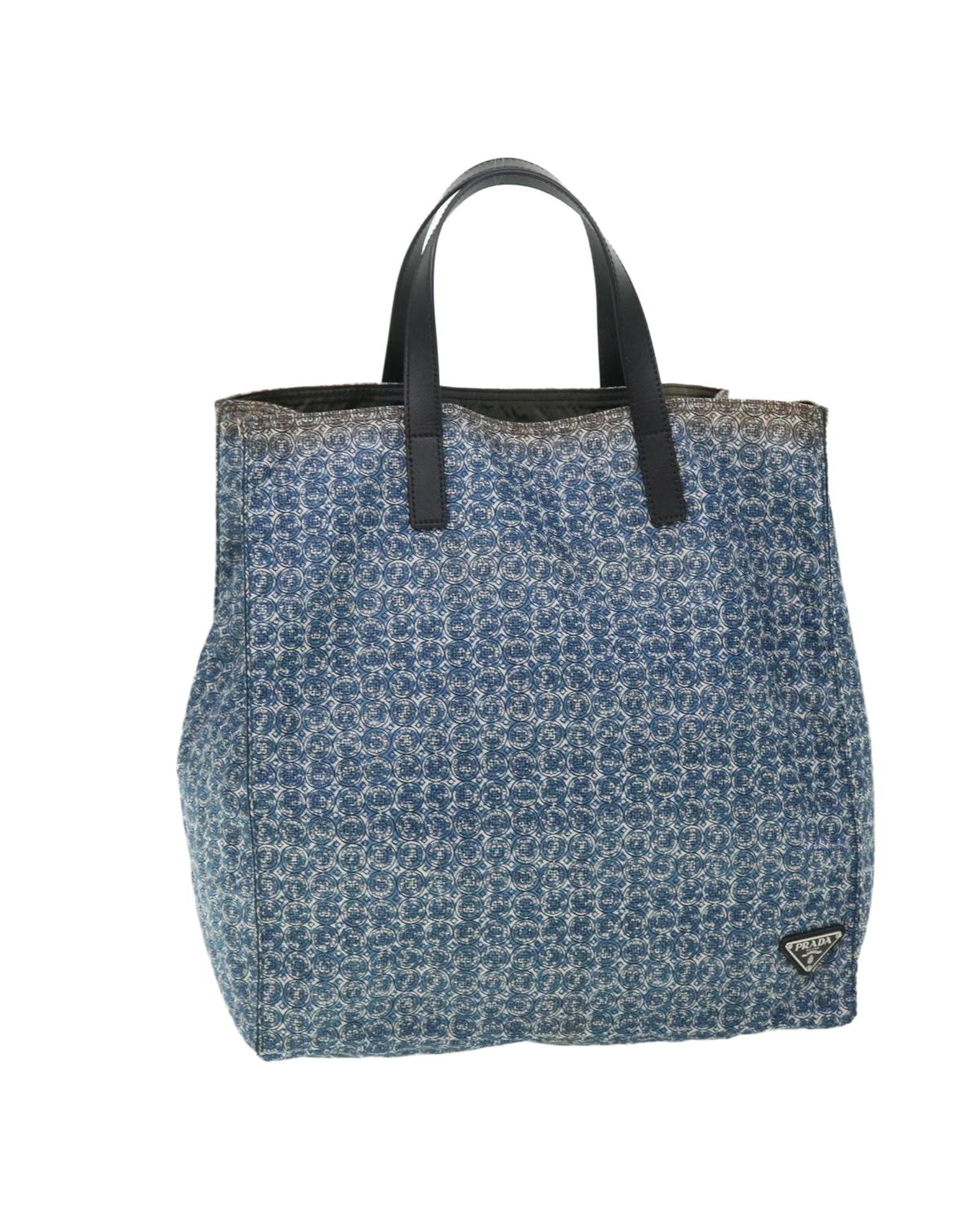 image of Prada Blue And White Nylon Leather Tote Bag, Women's
