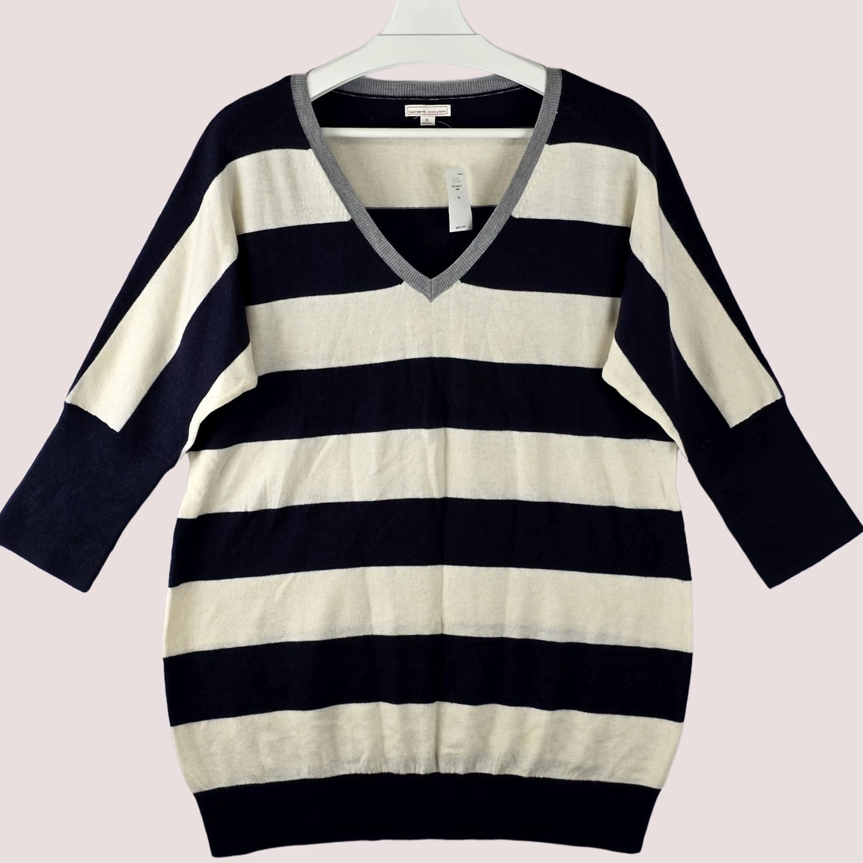 Vintage Gap Maternity 1XL Wool Blend Sweater Navy Nautical Stripe V-Neck Dolman Sleeve, Women's