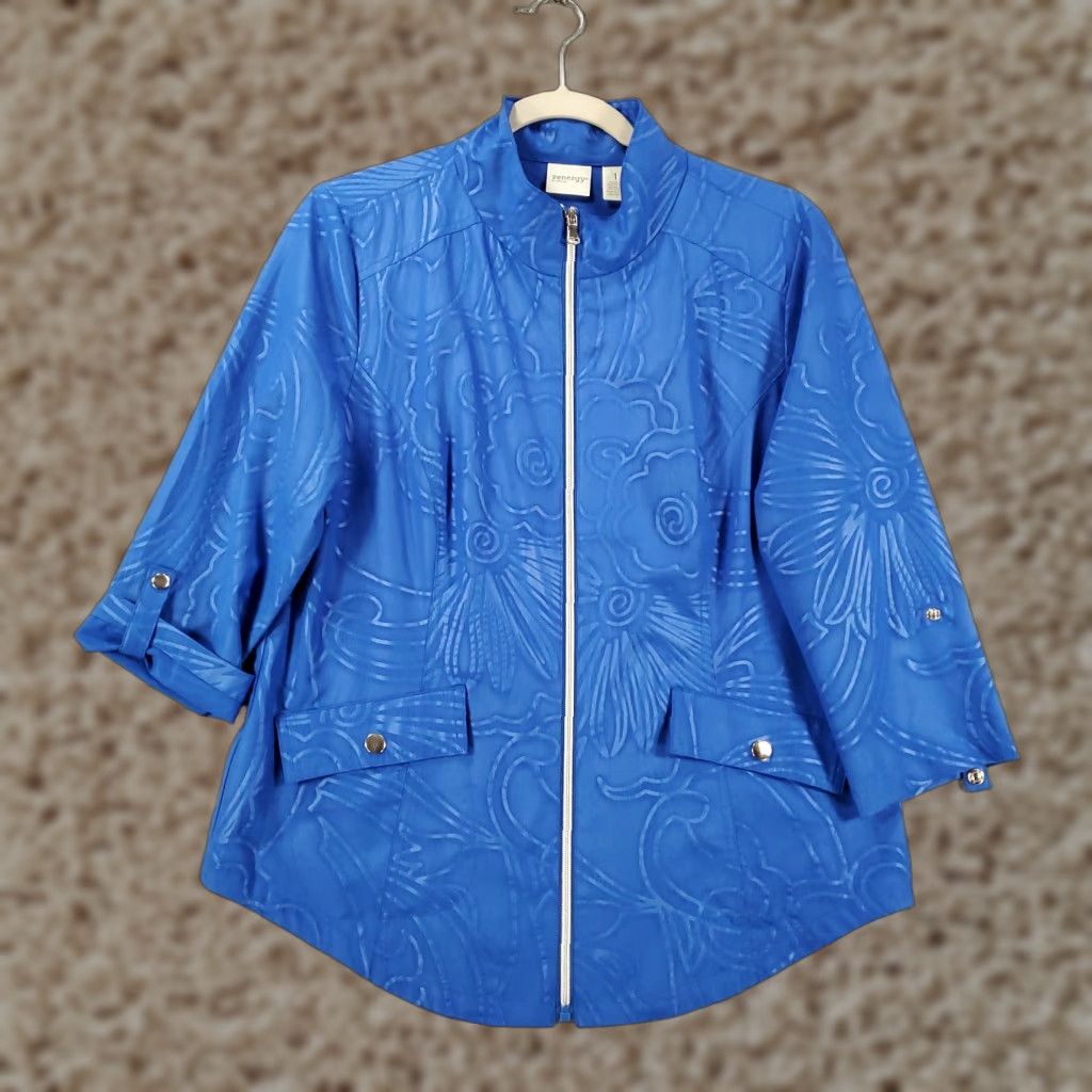 Vintage Chico's Zynergy Jacket Womens M Blue Floral Design Full Zip Long Sleeve Pockets Casual Travel Size M / US 6-8 / IT 42-44 - 1 Thumbnail