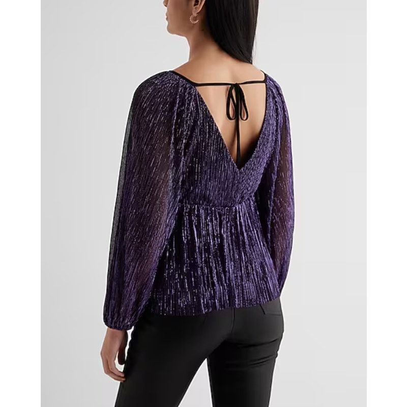 Express Express Y2K Babydoll Top Deep V Purple Metallic Whimsigoth Size L / US 10 / IT 46 - 6 Thumbnail