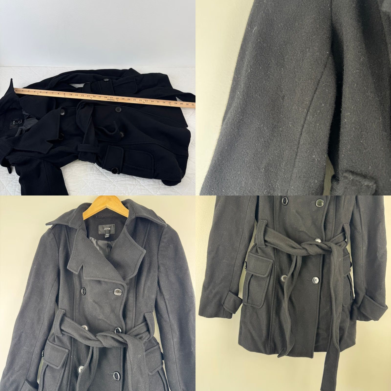 Vintage Joe's Jeans Black Wool Cashmere Blend Double Breasted Belted Trench Coat Small Size 28" / US 6 / IT 42 - 8 Thumbnail