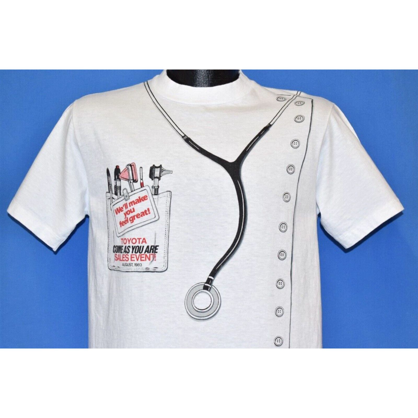 image of Hanes VTG 80's Toyota 1983 Event Doctor Costume Stethoscope Pocket Funny Tool T-Shirt M in White (S