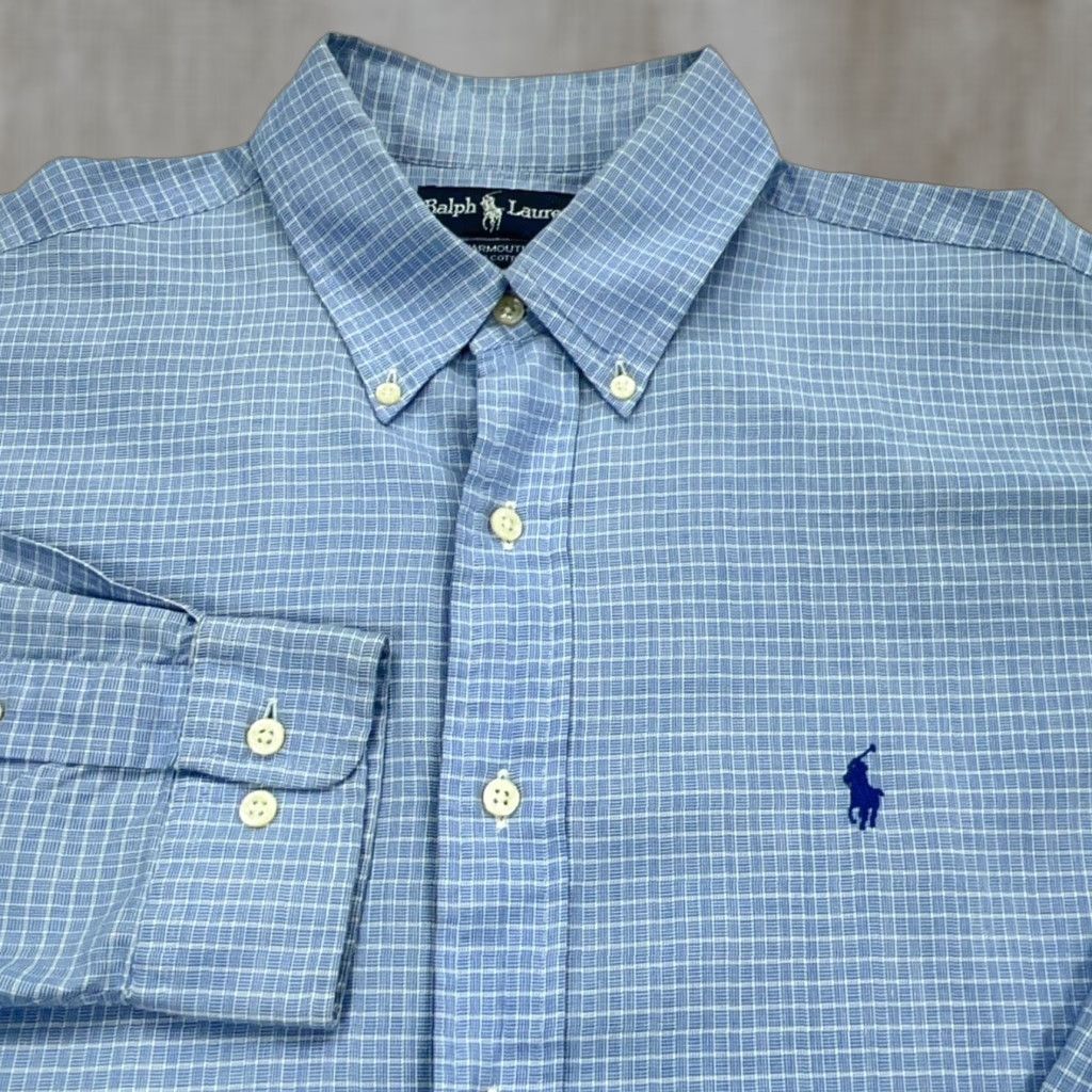 Ralph Lauren Ralph Lauren Shirt Men 16.5 34 Blue Plaid Button Up Dress Yarmouth Pony Adult Size 46R - 1 Thumbnail