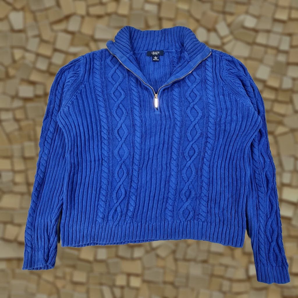 Chaps CHAPS Jumper Blue Large Cable Knit Cotton Half Zip Mock Neck Womens L Pullover City Style Mens Womens Girls Size L / US 10 / IT 46 - 1 Thumbnail