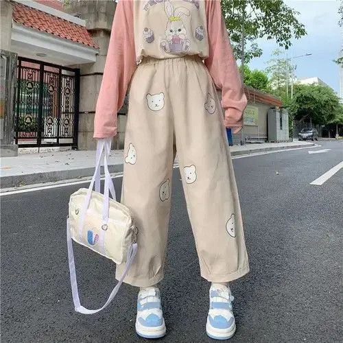 Japanese Brand Kawaii Soft Girl Bear Printing Women Pants Basis Size 32" / US 10 / IT 46 - 3 Thumbnail