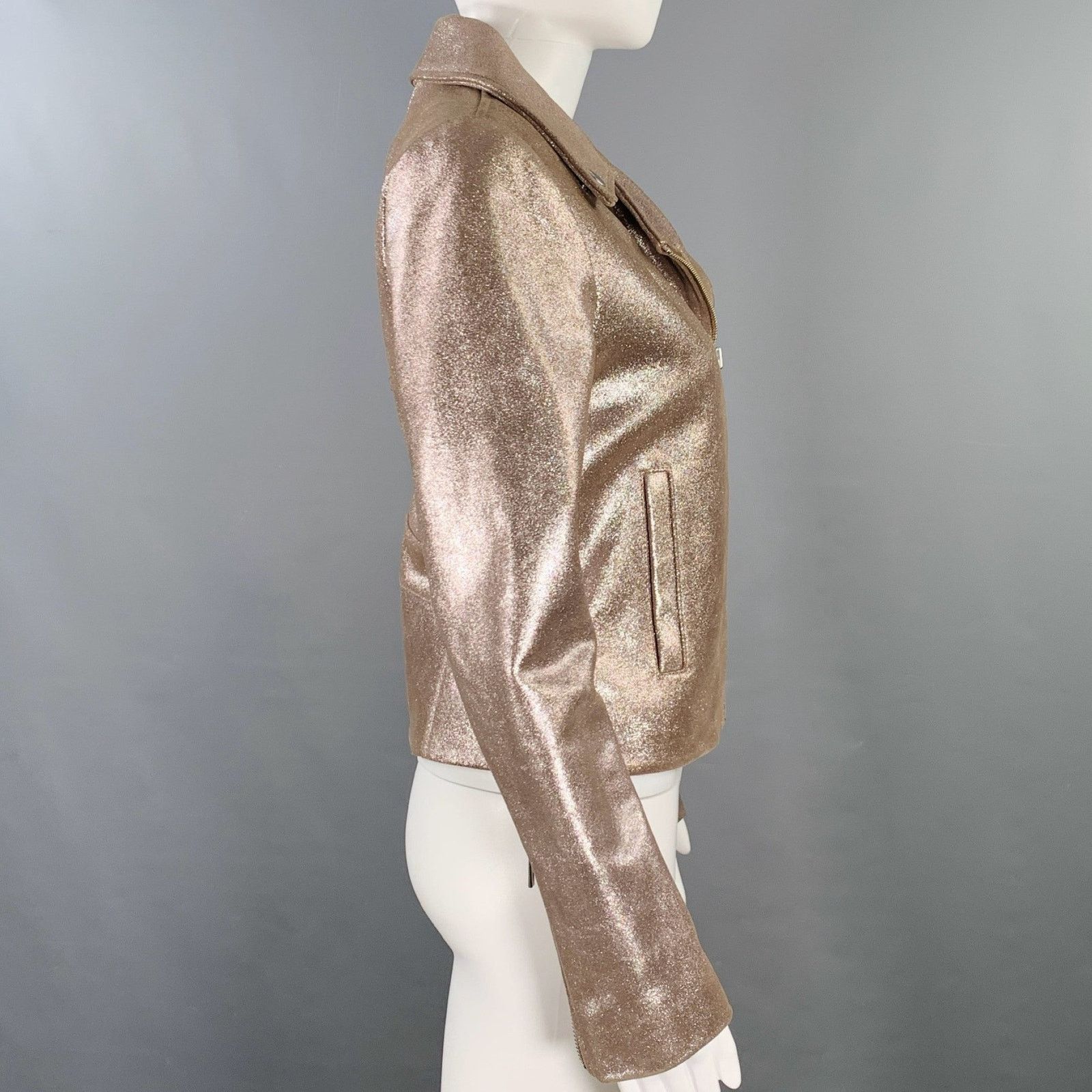 VEDA Size S Gold Rose Metallic Leather Biker Jacket