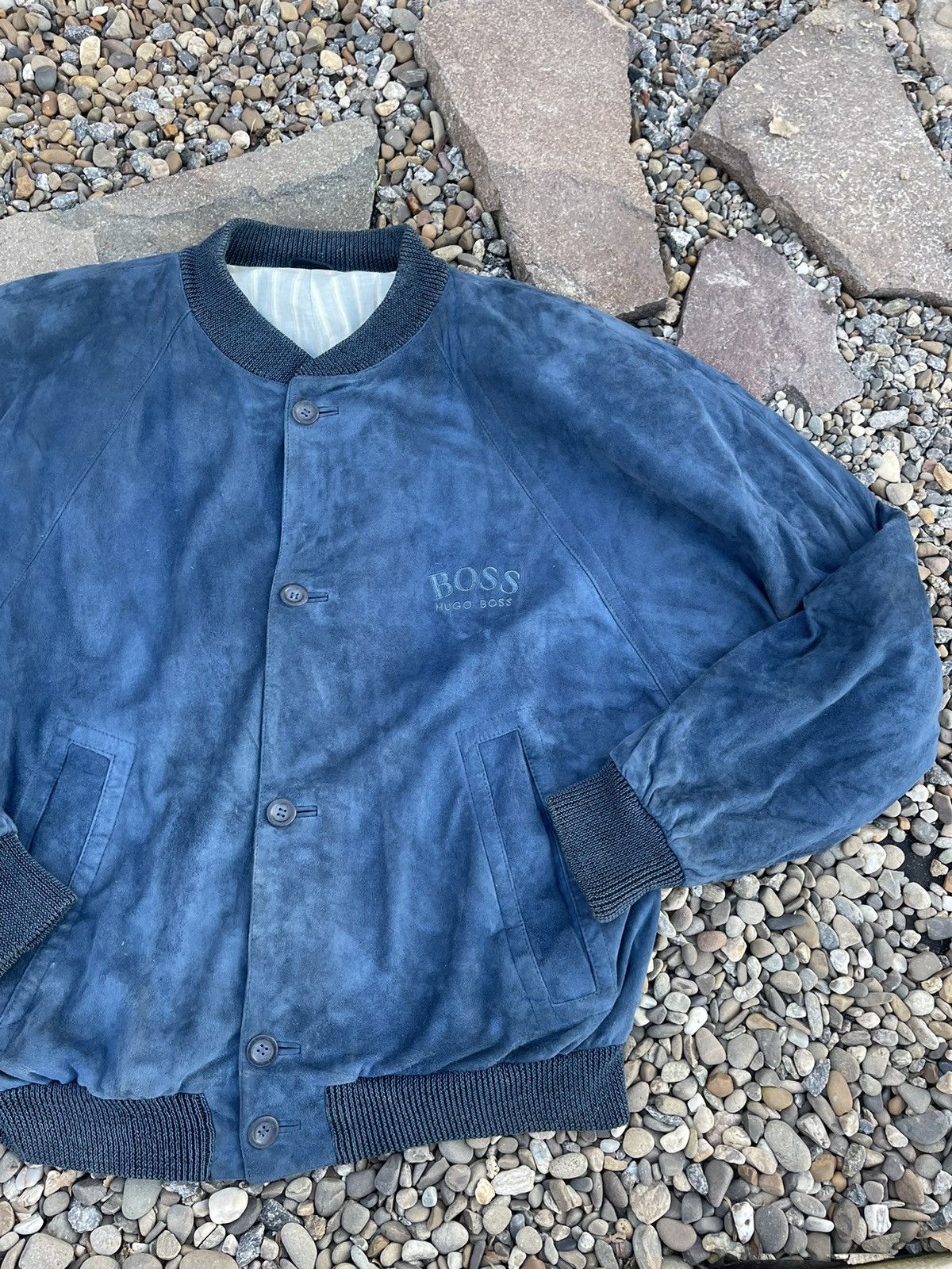 Hugo Boss × Vintage 90’s Boss Luxury navy suede bomber jacket vintage leather Size US L / EU 52-54 / 3 - 7 Thumbnail