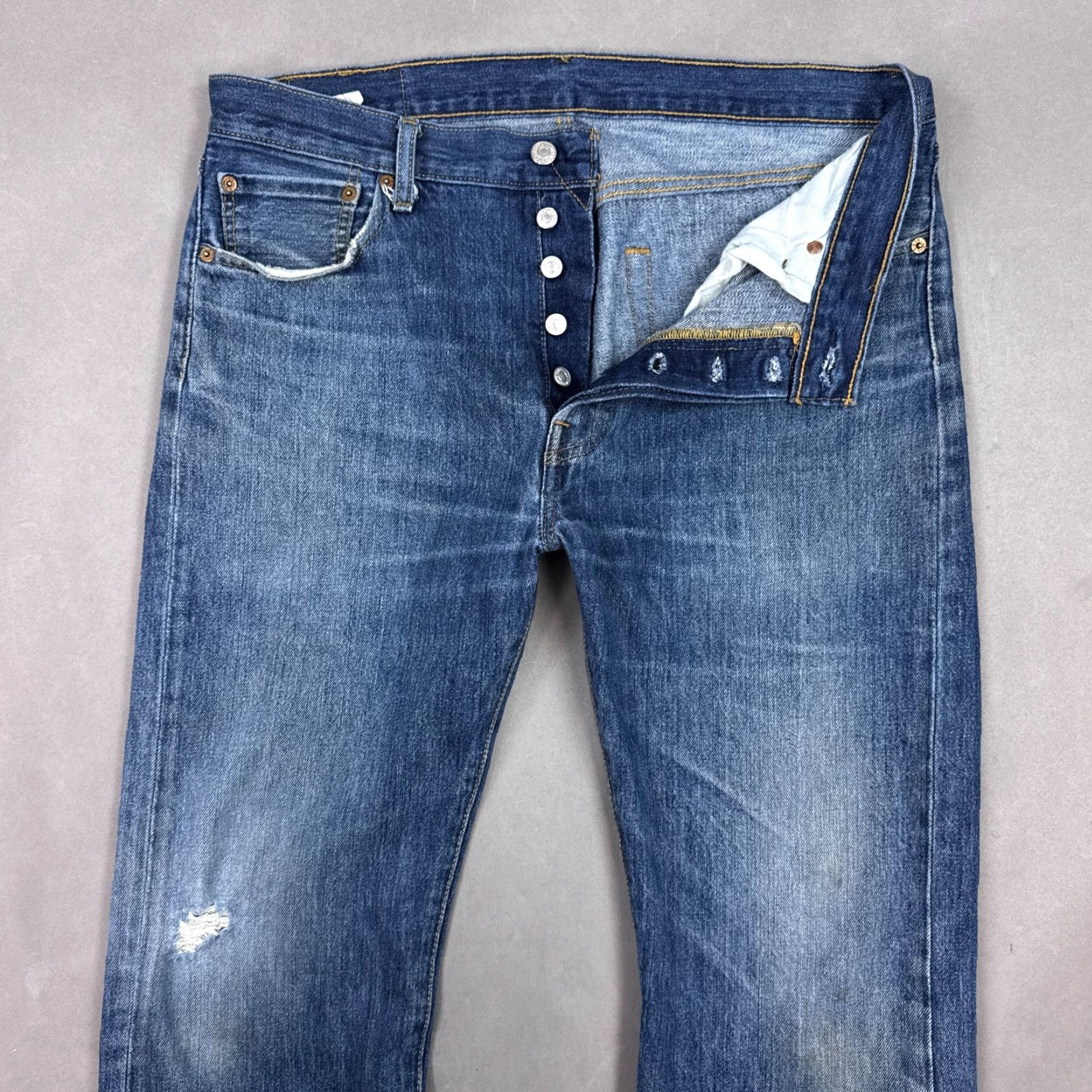 Levi's Levi's 501 Jeans Mens 34x32 Blue Denim Button Fly Distressed Thrashed Faded Size US 34 / EU 50 - 2 Thumbnail