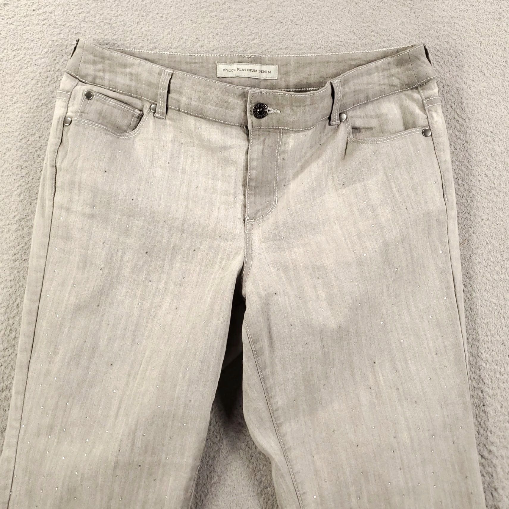 Vintage Chicos Jeans Womens 12 Large Embellished Rhinestones Allover Gray Platinum Size 36" / US 14 / IT 50 - 2 Thumbnail