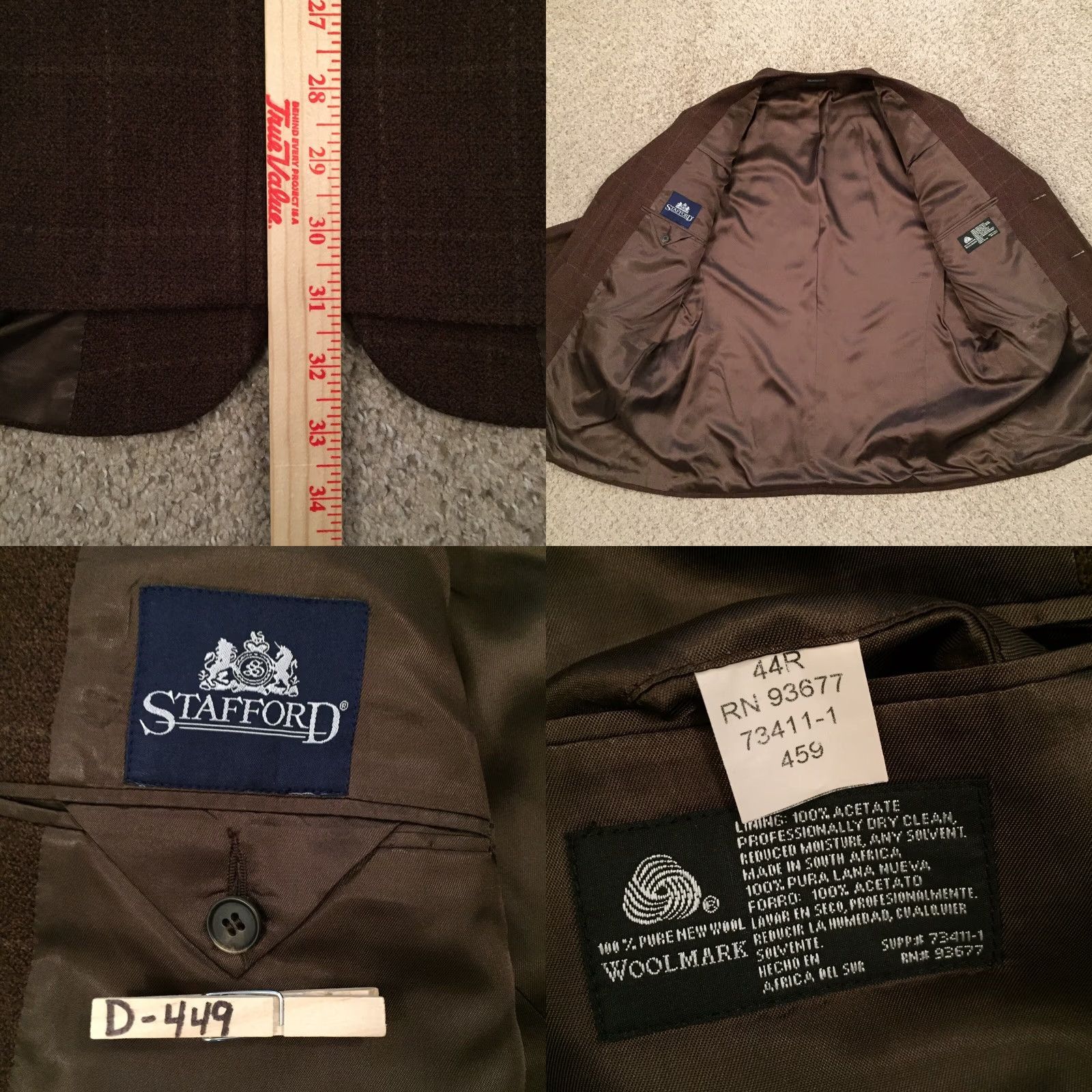 Stafford Stafford Mens Sport Coat Brown Check Wool 3-Button Single-Breasted Regular 44 Jacket Blazer, Notch Lapel, 2 Piece, Business, Wool, Size 44, Adult Mens Size 44R - 8 Thumbnail