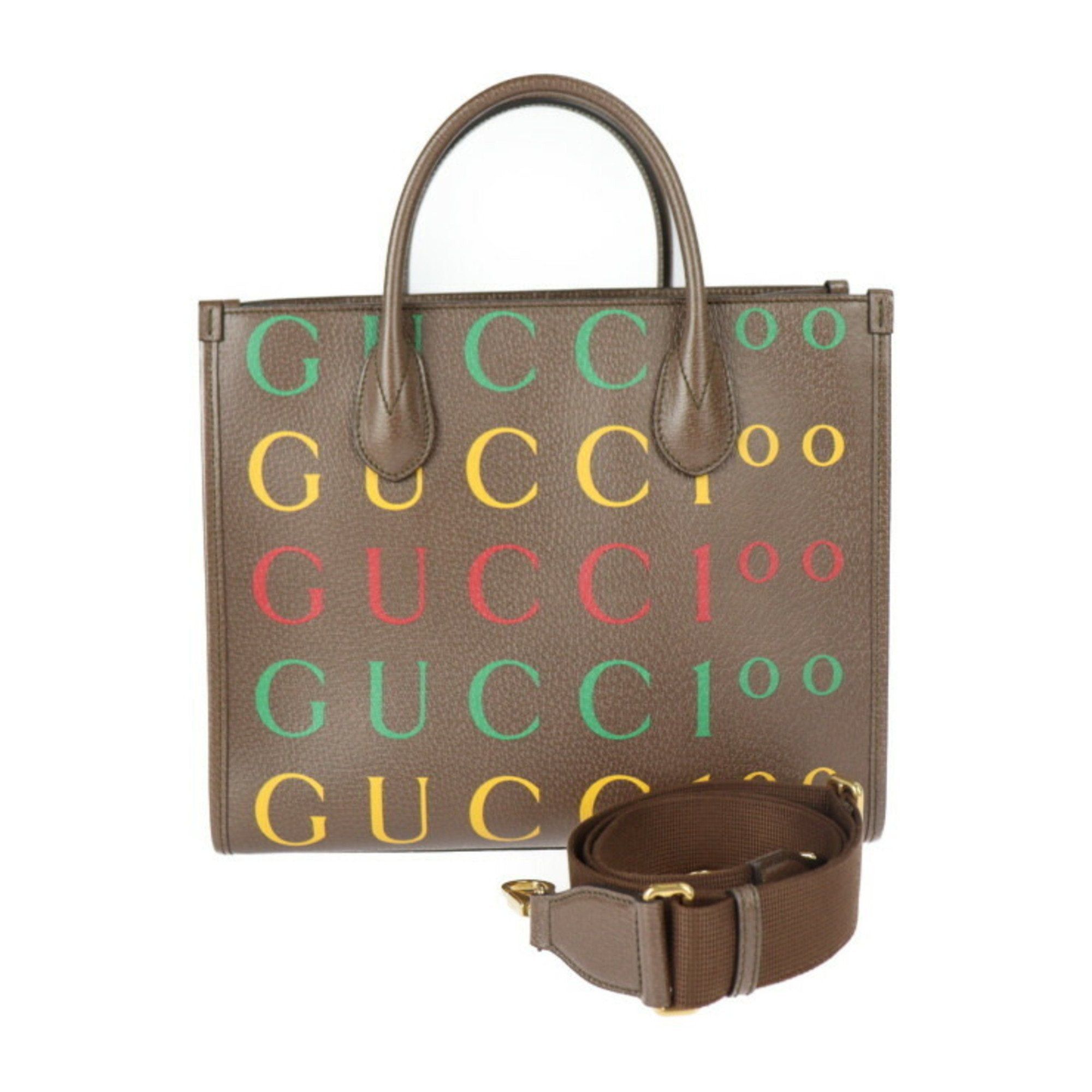 image of Gucci 100Th Anniversary Tote Bag 680956 Leather Brown Multicolor 2Way Handbag Shoulder in Black, Wo