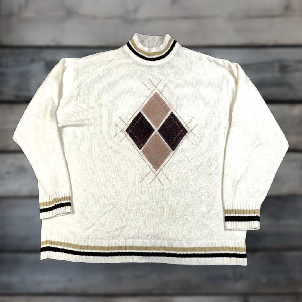 Vintage Preppy Argyle Pattern Mock Neck Sweater Adult XL Ivory Lightweight Acrylic Knit Mens Size US XL / EU 56 / 4 - 1 Thumbnail