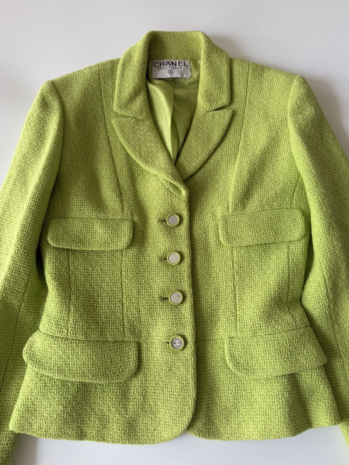 Chanel Chanel Boutique 1995 Lime Green Wool Tweed Blazer Size S / US 4 / IT 40 - 6 Thumbnail