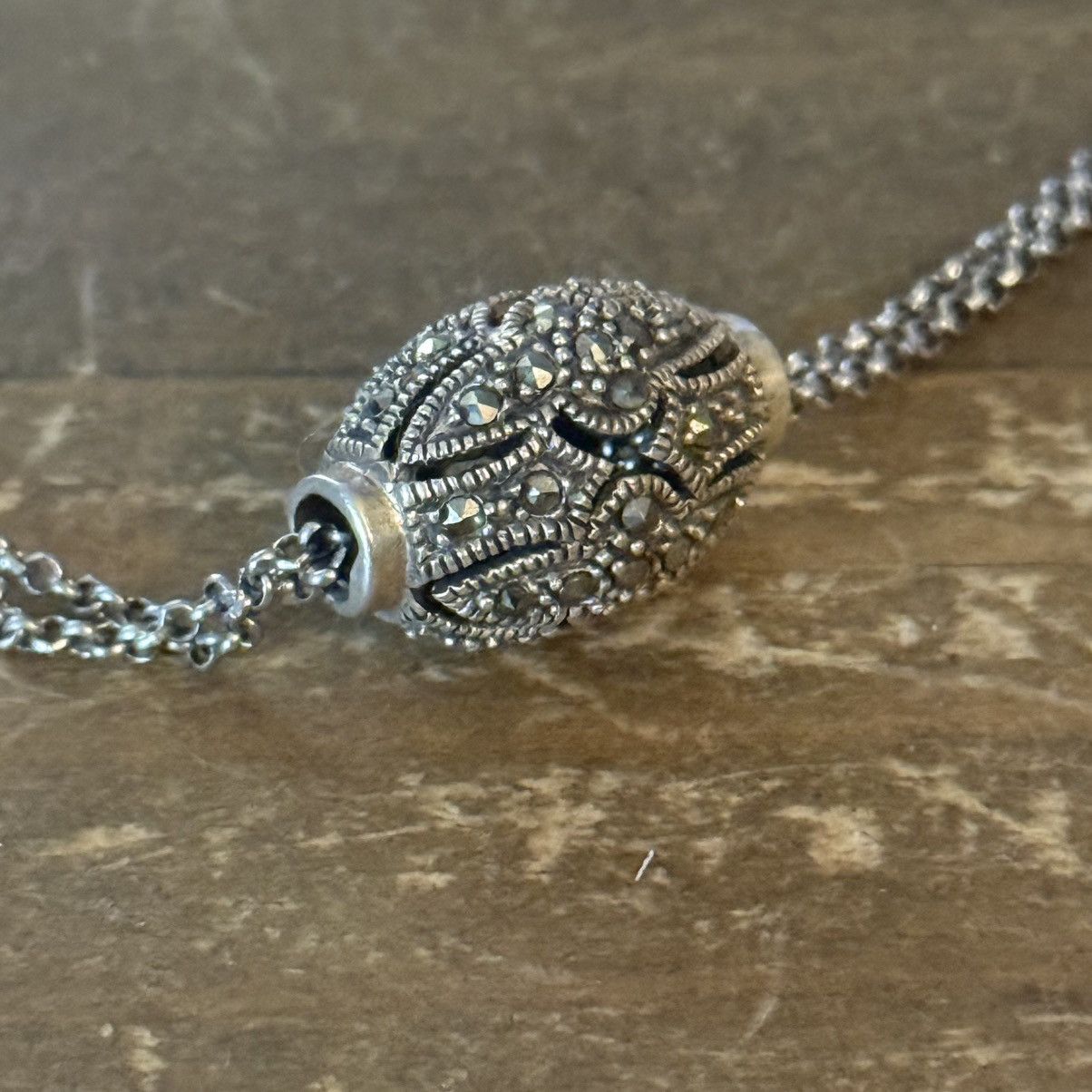 Other 925 silver double chain oval marcasite bead pendant necklace Size ONE SIZE - 6 Thumbnail