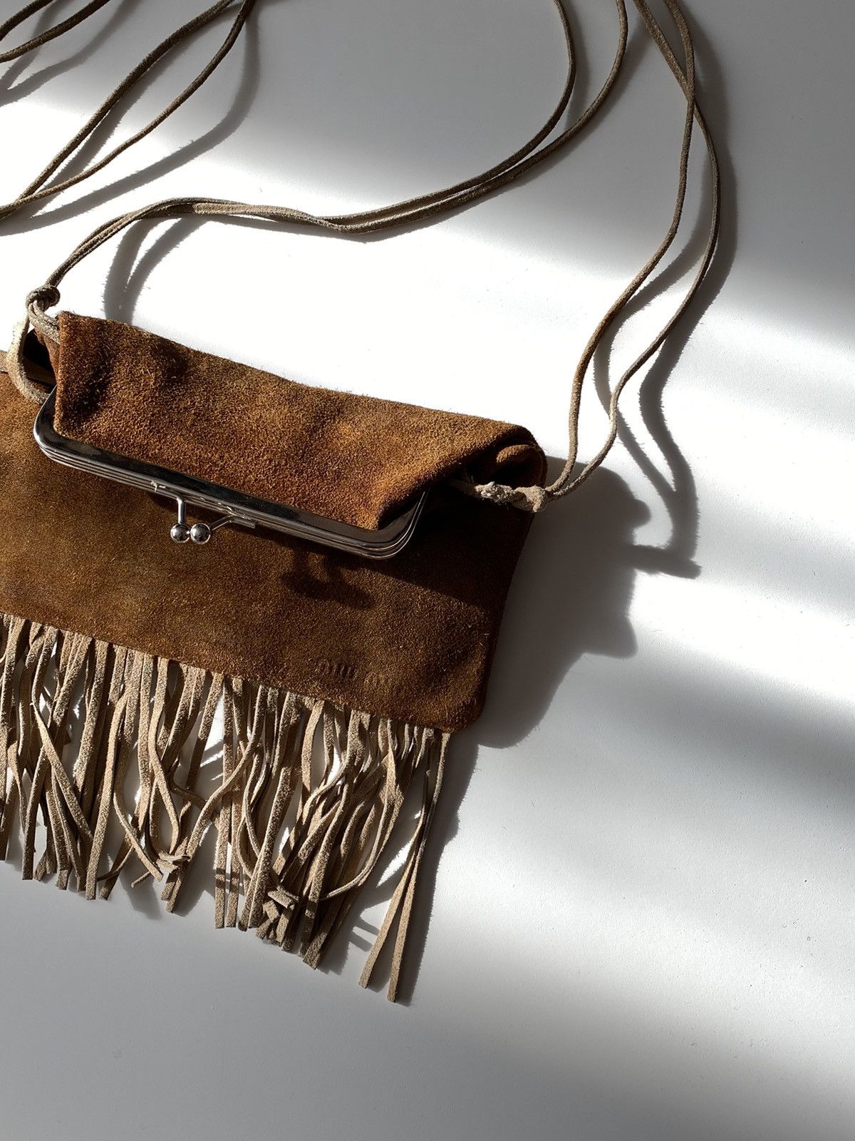 1990`s Miu Miu Suede Finge Kiss Lock Shoulder Bag in Brown, Women's