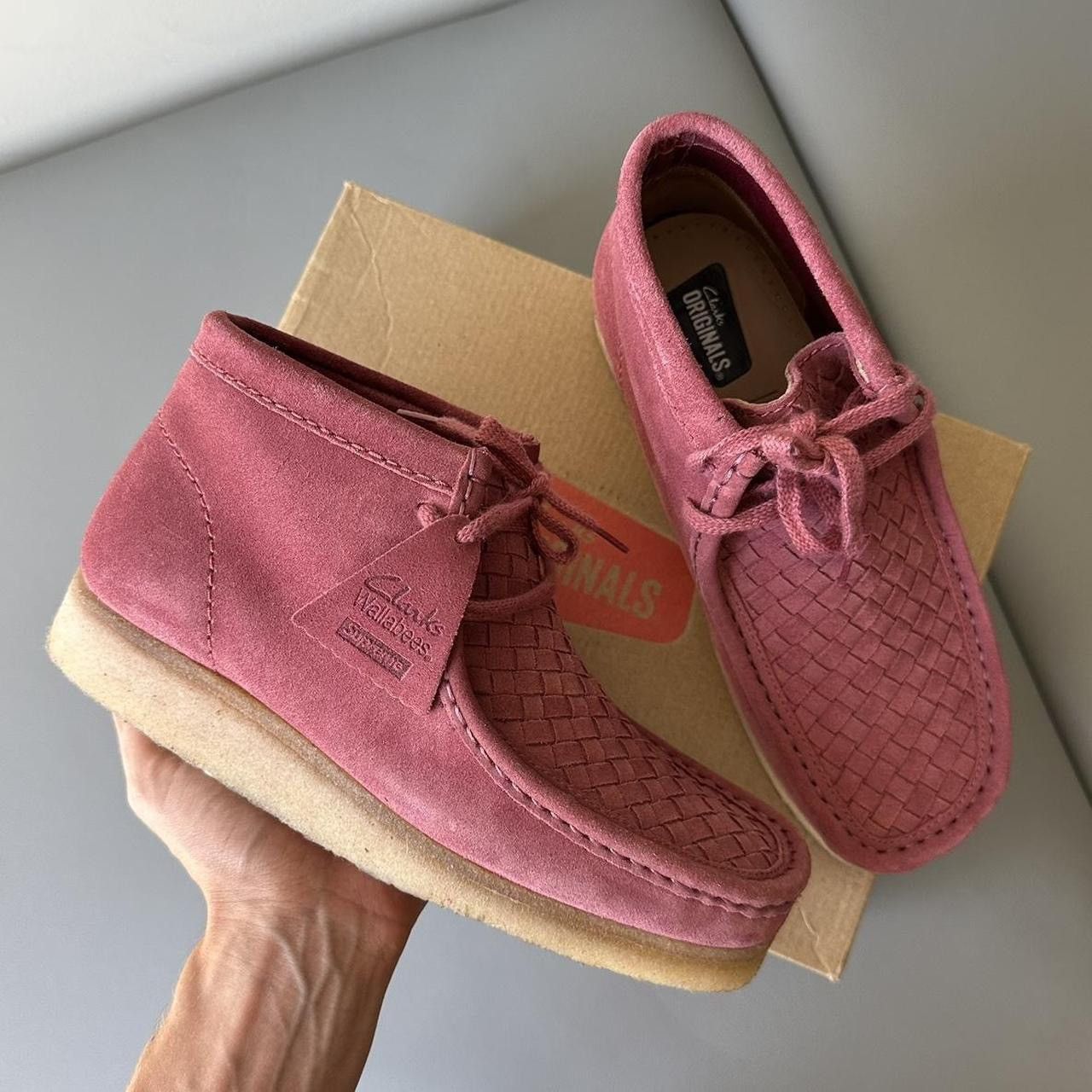 Clarks × Supreme Rare 2016 Supreme Clarks Pink Rose Suede Woven Wallabee |  Grailed