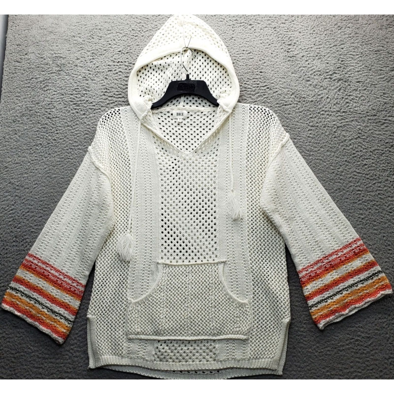 BKE BKE Womens Size M Hooded Sweater Multi Crochet Open Knit Flared Sleeve Pointelle Pullover Winter Casual Size M / US 6-8 / IT 42-44 - 2 Thumbnail
