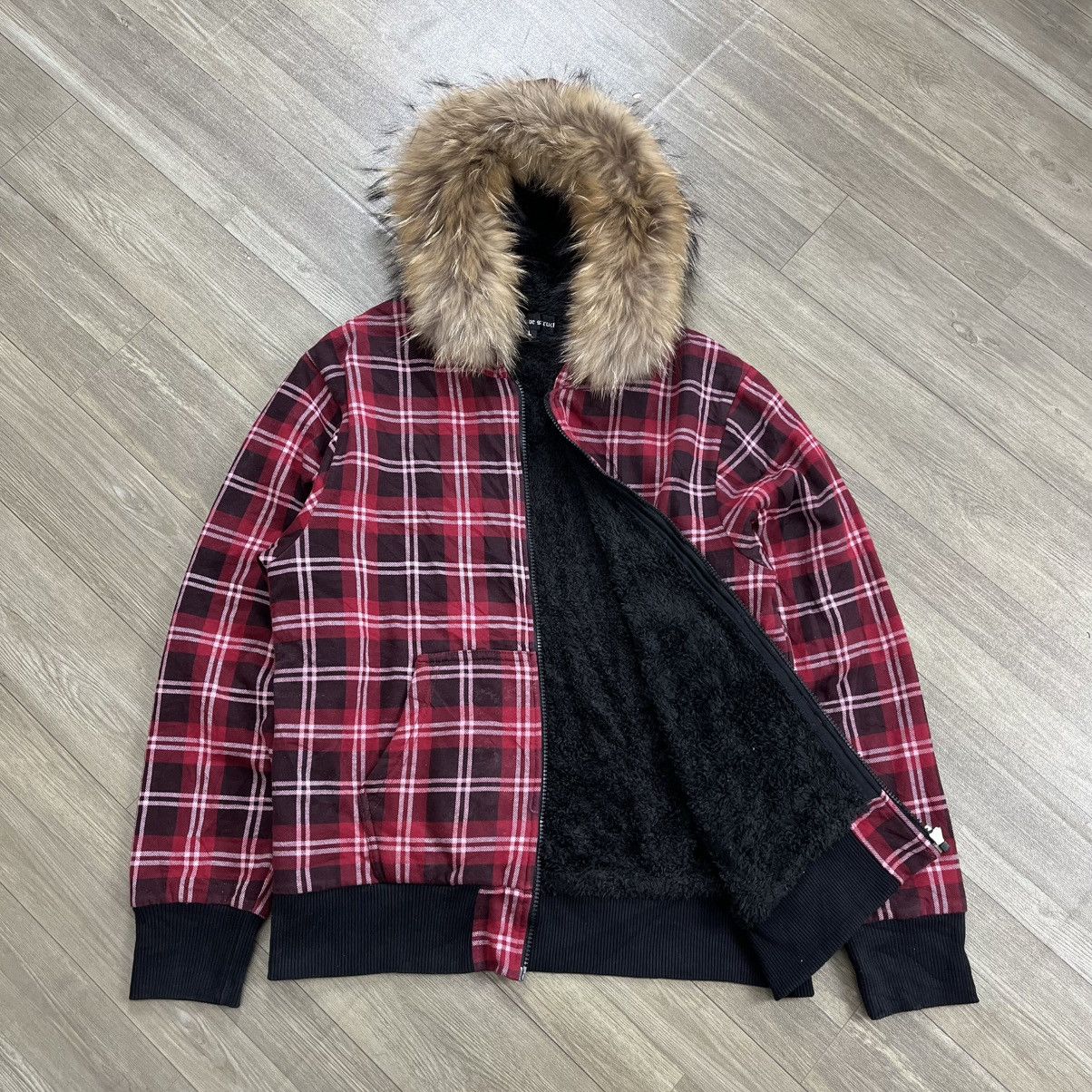 Japanese Brand 2000s Defective Struct Plaid Faux Fur Hoodie Lgb Style Size US L / EU 52-54 / 3 - 9 Thumbnail