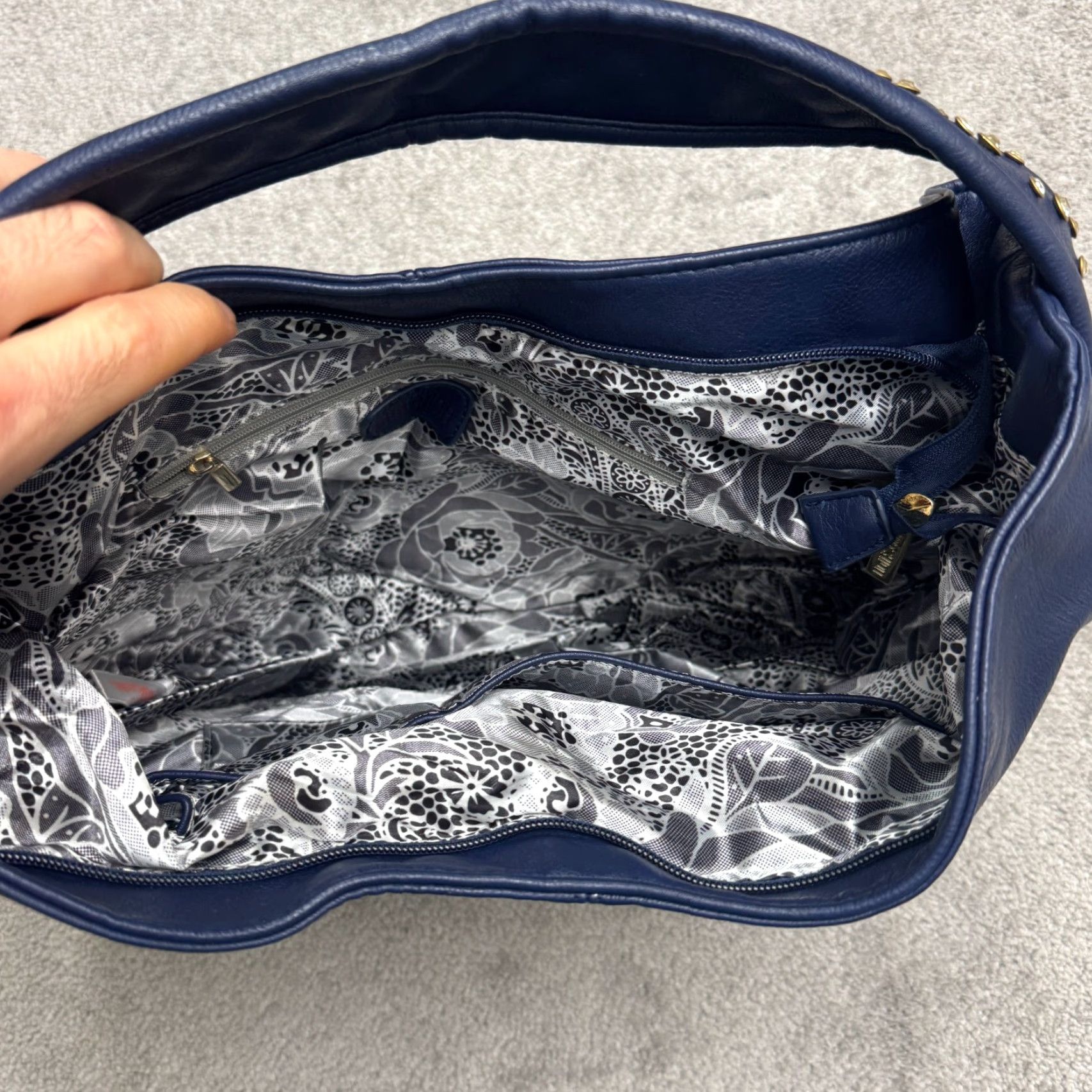 Vintage Imoshion Hobo Bag Women Navy Blue Gold Studded Faux Leather Turn Lock Medium Size ONE SIZE - 4 Thumbnail