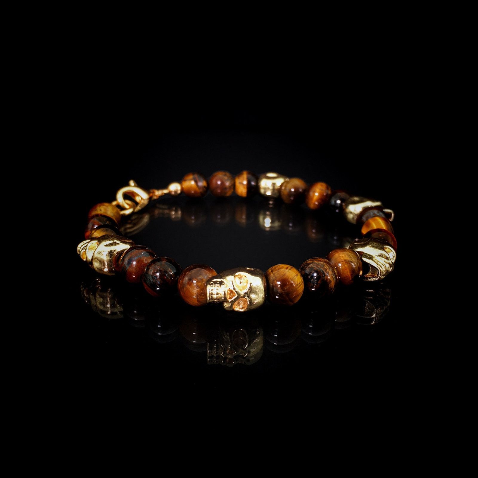 Handmade 💀 Gold Skull and Genuine Tiger’s Eye Beaded Bracelet Size ONE SIZE - 2 Thumbnail