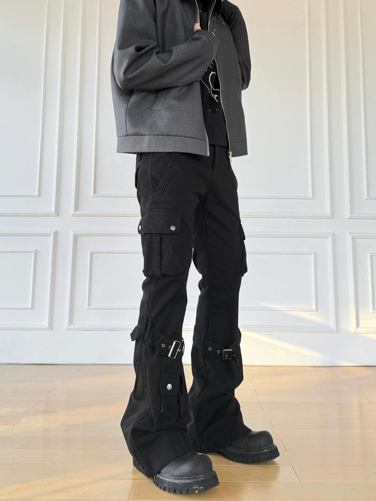Other Black Cargo Flared Stacked Pants with Straps Size US 32 / EU 48 - 1 Thumbnail