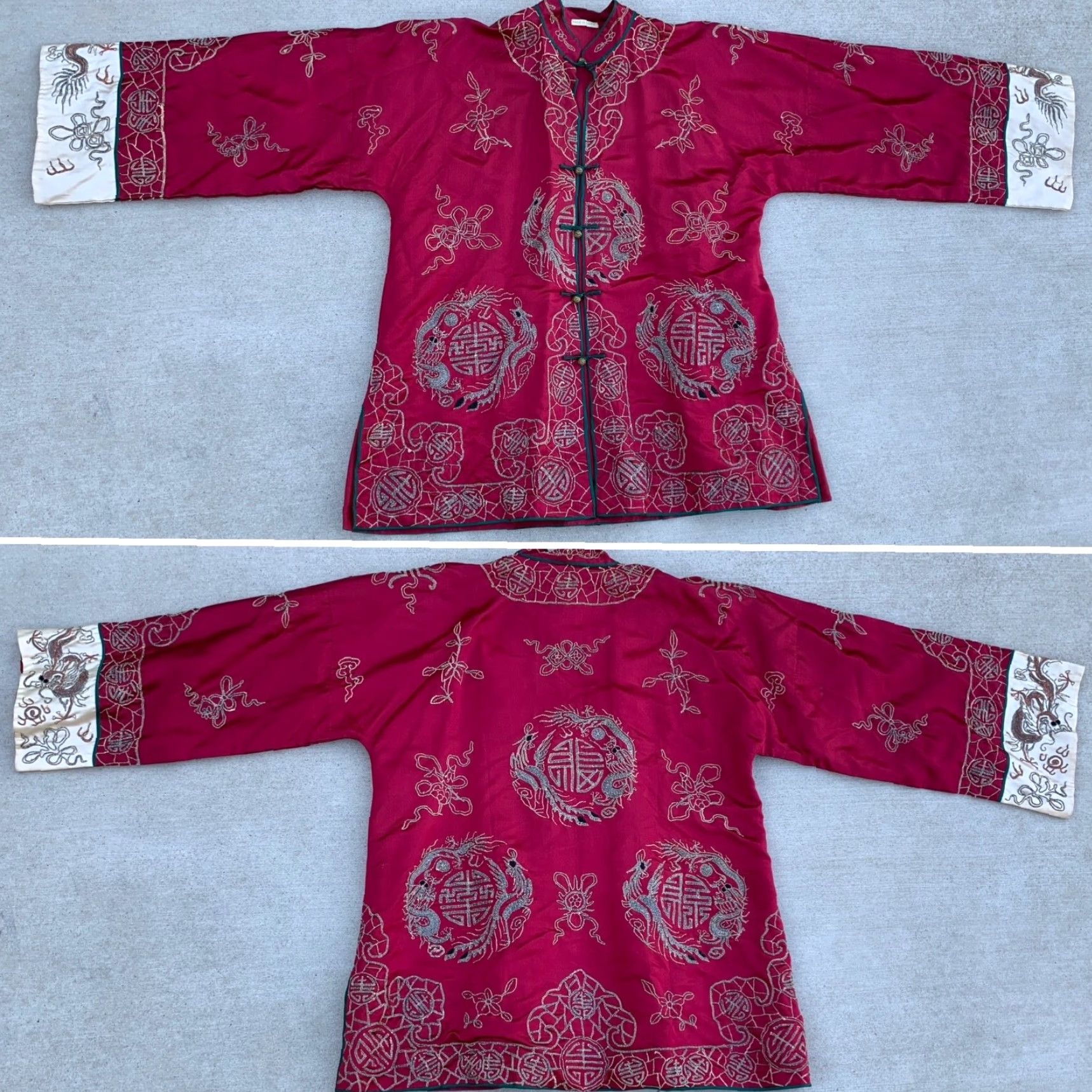 Vintage Vtg Chinese Silk Embroidered Dragon Longevity Shou Jacket Robe Mandarin Collar Jacket/string? Size ONE SIZE - 7 Thumbnail