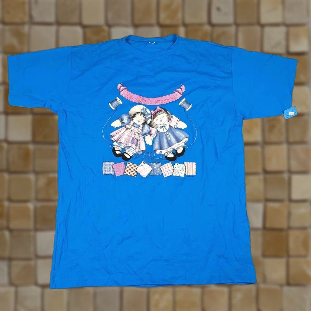 Vintage VINTAGE Airwaves T-Shirt Size 2X Blue Patchwork Short Sleeve Retro 90s Friendship Dolls Mens Size US XXL / EU 58 / 5 - 1 Thumbnail