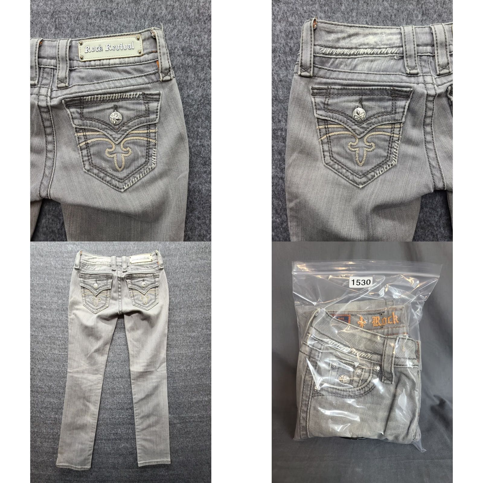 Vintage Rock Revival Jeans Womens 25 x 30 Celine Straight Leather Stitch Fleur De Lis Jeans Gray 5-Pocket Design Regular Cowboy Western Y2K Womens Size 42" / US 20 - 9 Thumbnail