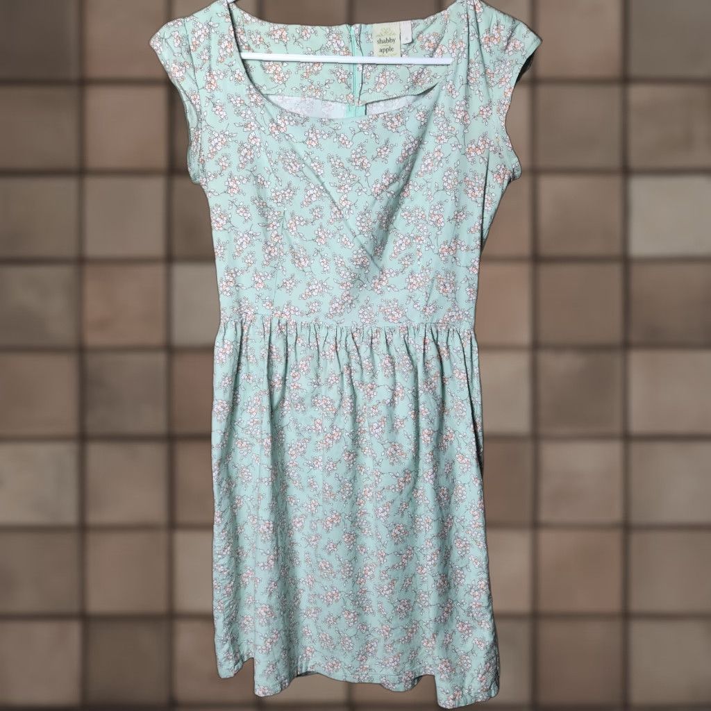 Apple Shabby Apple Mint Green Floral Cap Sleeve Boatneck Cotton Dress-Size 6 Women Casual Knee Length Size M / US 6-8 / IT 42-44 - 1 Thumbnail
