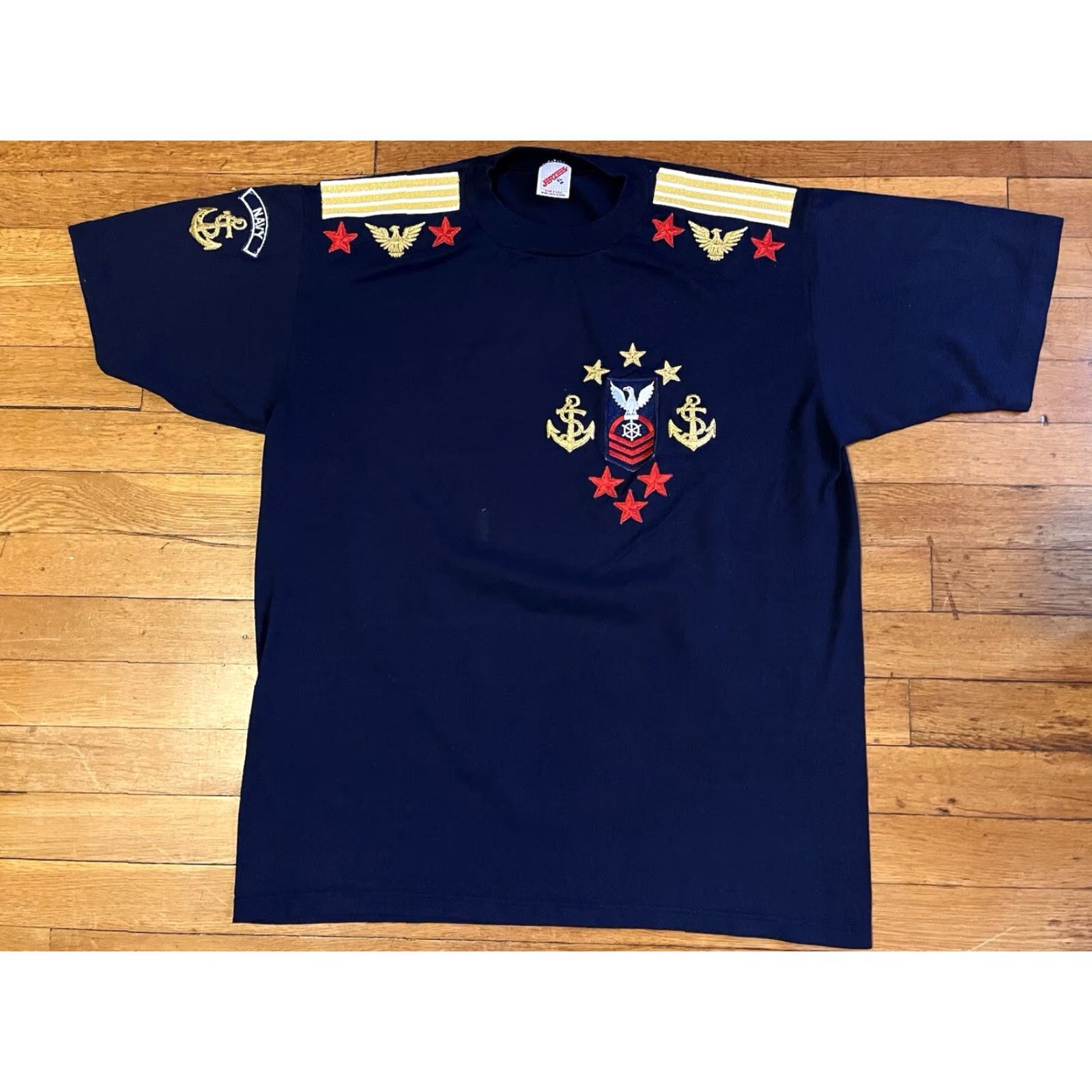 Jerzees VINTAGE Jerzees T-Shirt Navy Appliqué Blue Classic Short Sleeve XL Women’s Crew Neck Shirt Size XL / US 12-14 / IT 48-50 - 2 Thumbnail