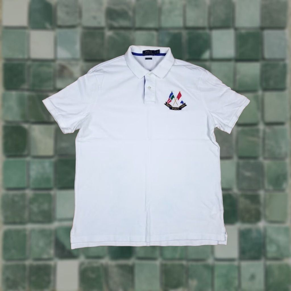 Ralph Lauren Ralph Lauren Polo 25th Anniversary Flag White Polo Shirt Large Mens Vintage Short Sleeve Cotton USA 90s Retro Band Anime Flag USA Polo Shirt Size US L / EU 52-54 / 3 - 1 Thumbnail