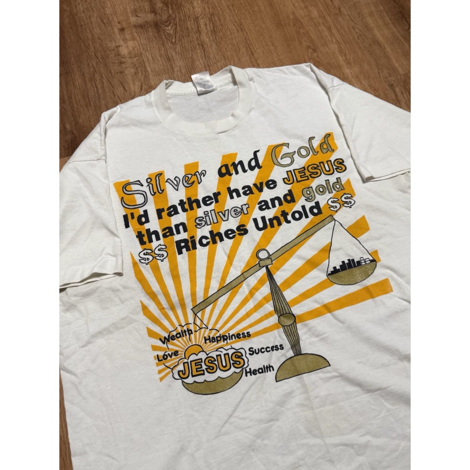 Fruit Of The Loom VINTAGE Jesus Tee Silver And Gold I’d Rather Have Jesus Single Stitch Shirt 2XL Size US XXL / EU 58 / 5 - 2 Thumbnail