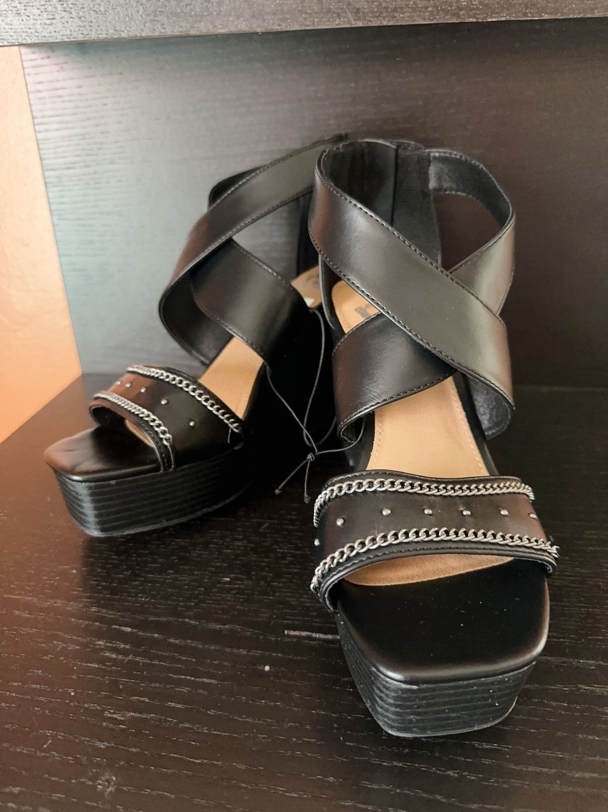 Report Collection Report faux leather black 4 Wedge sandals adjustable strap Grailed