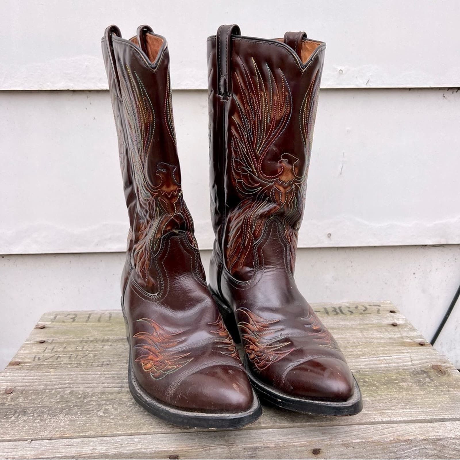 image of Vintage 70's Acme Thunderbird Rising Phoenix Stovepipe Cowboy Boots in Brown, Men's (Size 8.5)