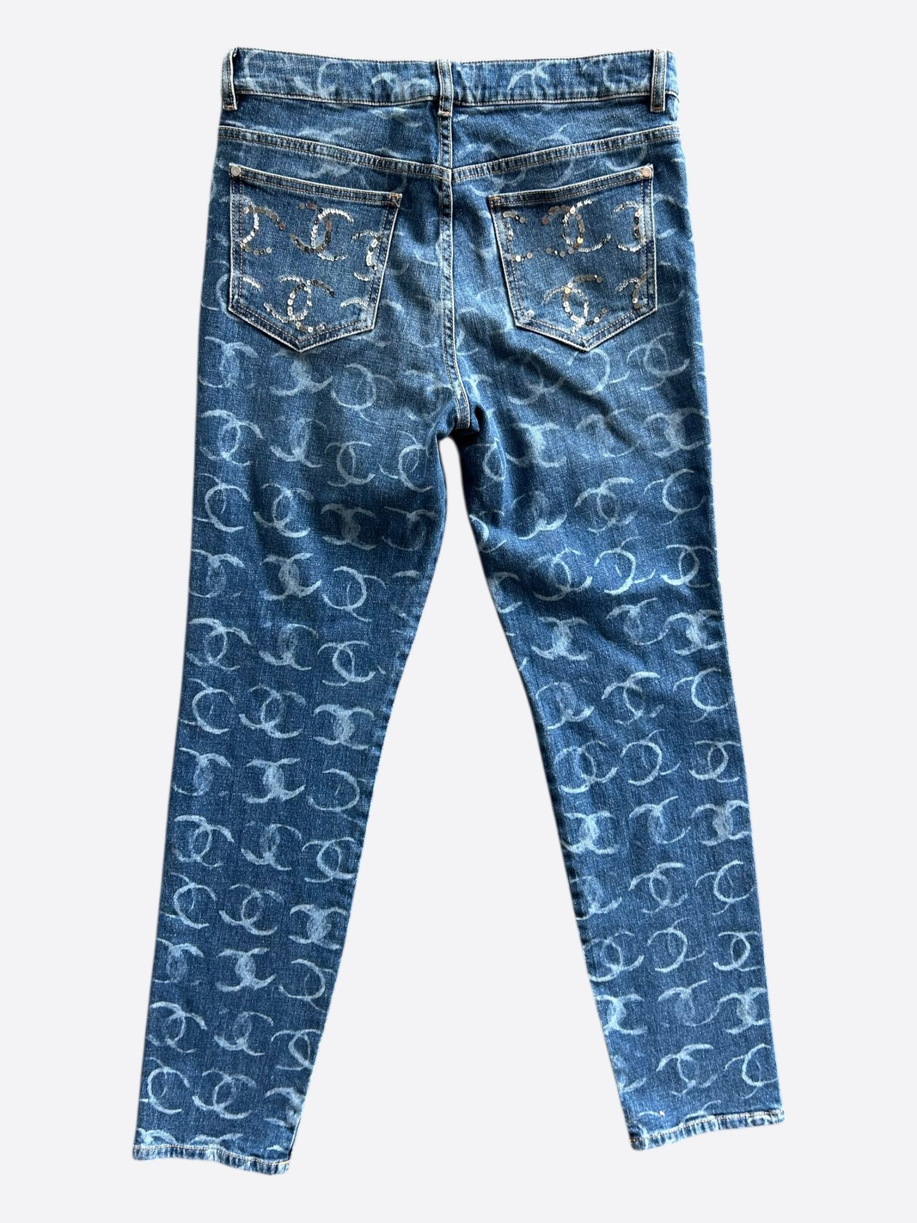 Chanel Chanel Blue & White 23B CC Logo Sequin Women's Denim Jeans Size 42" / US 20 - 2 Thumbnail