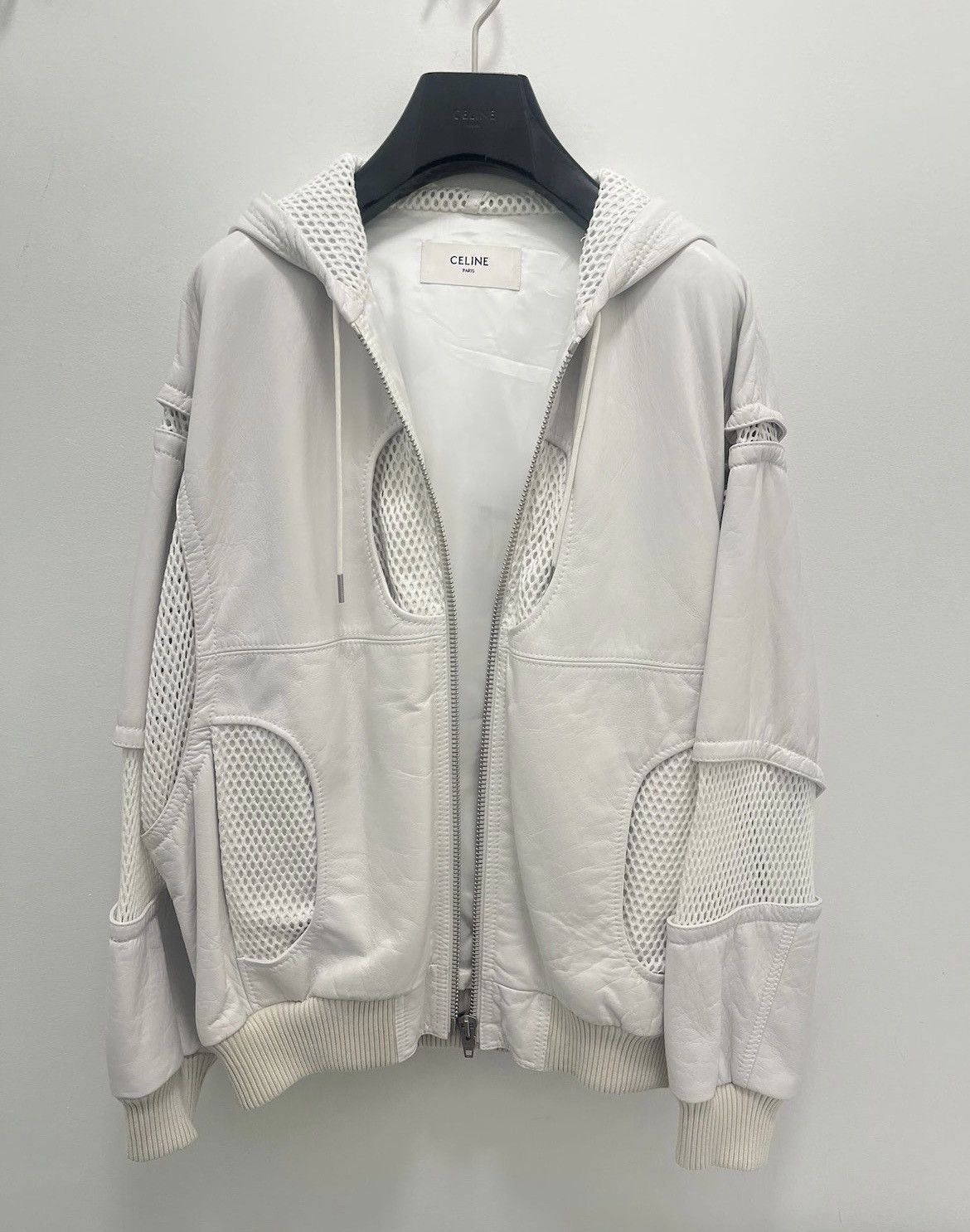 SS22 White Hooded Leather Bomber Mesh Panneling