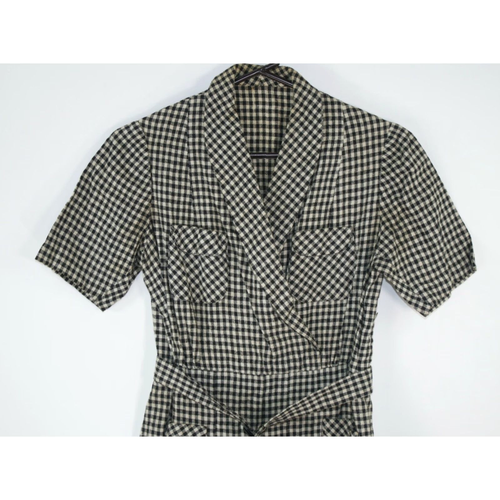 Vintage VTG Shawl Collared Pocket Dress Women's Size M Front Short Sleeves Plaid Black Size 32" / US 10 / IT 46 - 3 Thumbnail