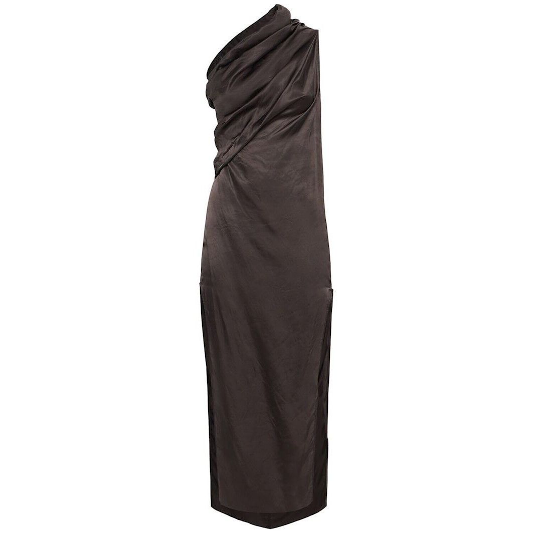 knee length dresses for ladies Rick Owens SS26 Steel Gray Draped Satin Midi Dress