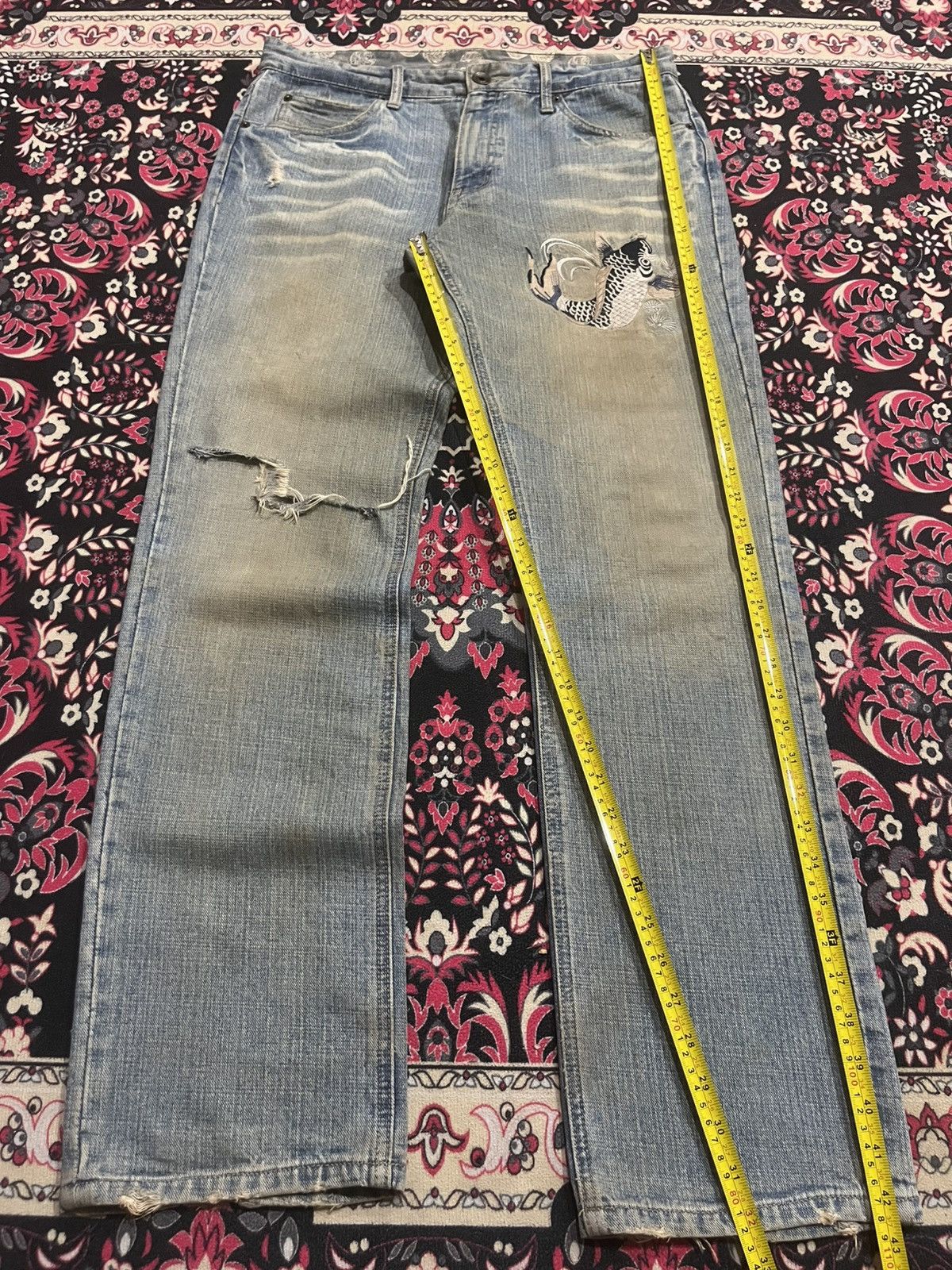 Karakuri Tamashii ⚡️Distressed⚡️Vintage Japanese Fish Koi Embroidery Mud Jeans Size US 34 / EU 50 - 11 Thumbnail