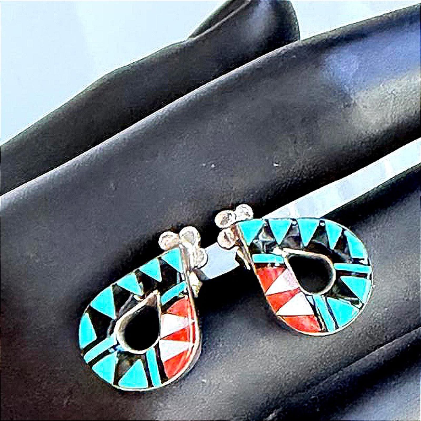 Vintage VTG LAAHTY Zuni Handmade Turquoise Silver 925 Inlay Earrings Size ONE SIZE - 7 Thumbnail