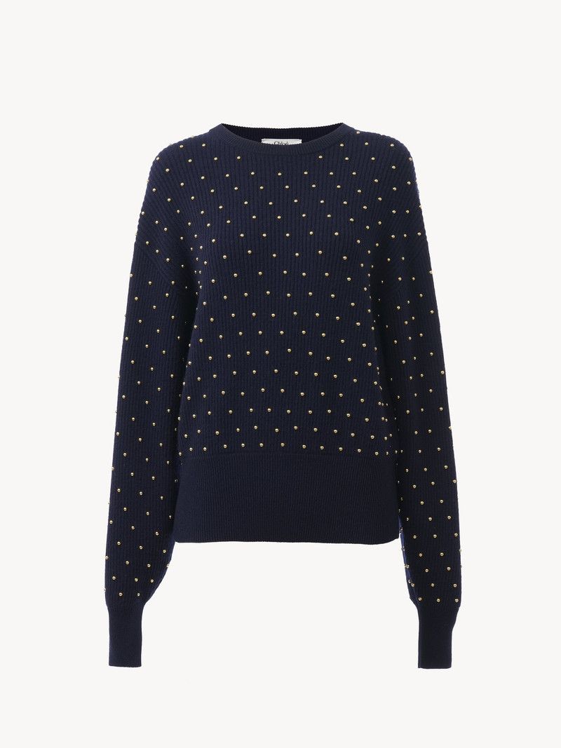 o1loc1c11125 Studded Crewneck Sweater in Navy