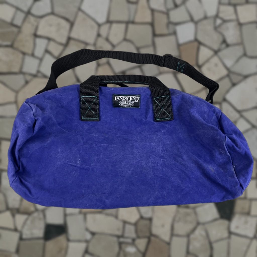 Lands End Vintage Lands' End Duffel Bag Medium Blue Canvas Travel Pack With Adjustable Strap, Classic Outdoor Theme, Mens