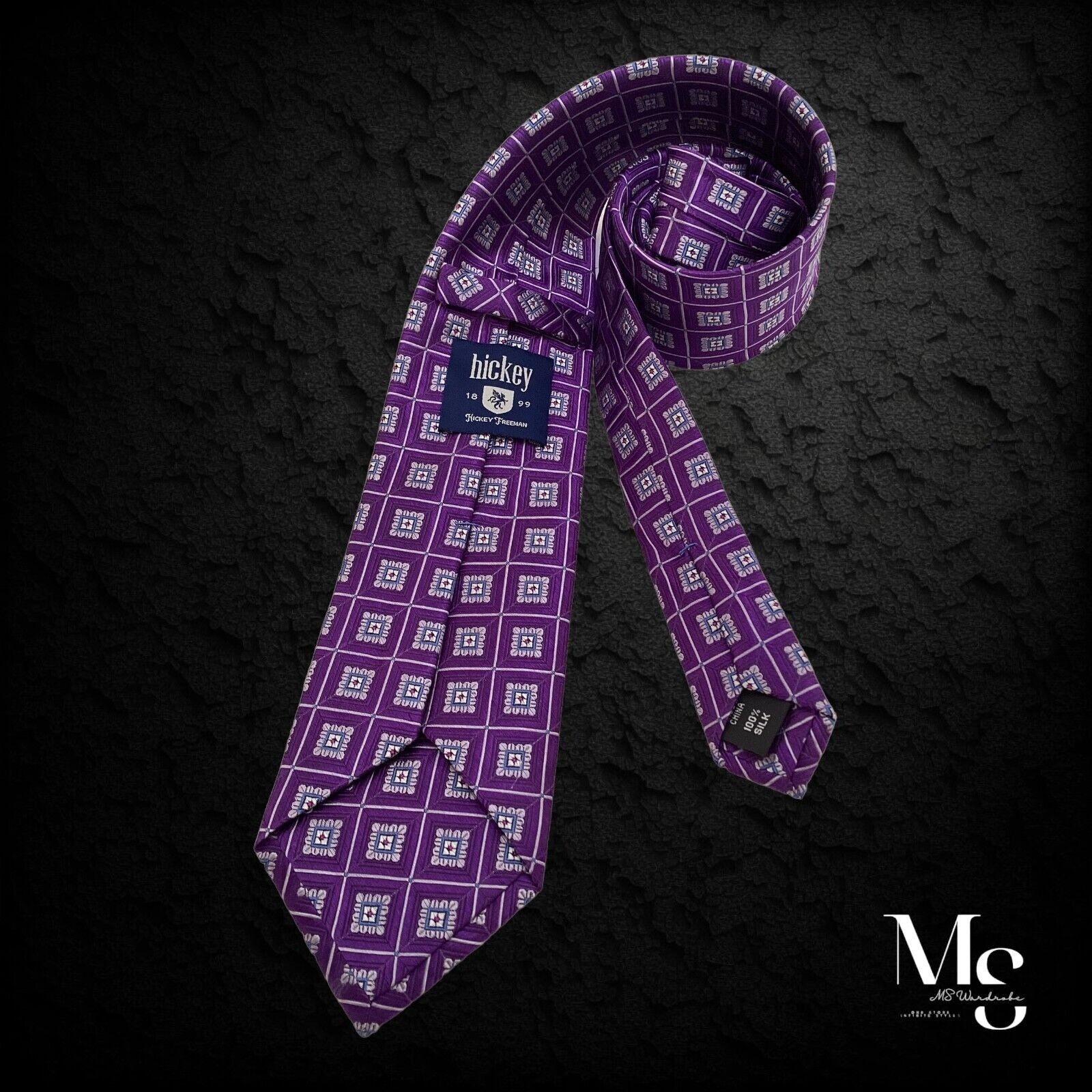 Hickey Freeman HICKEY FREEMAN Purple Medallion Print Silk Tie W:3.25’’ EC C Size ONE SIZE - 3 Thumbnail