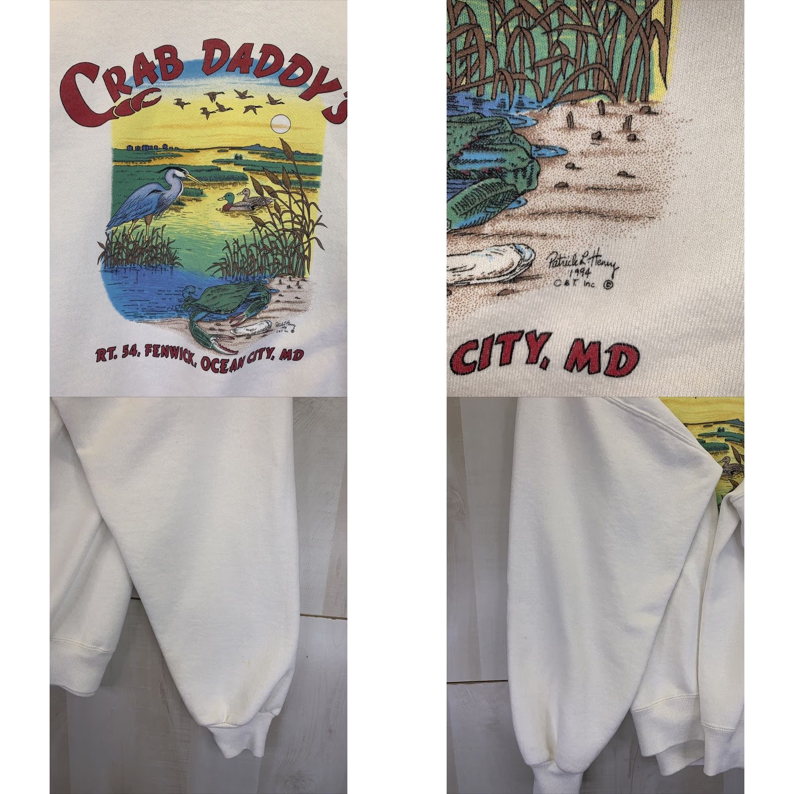 Jerzees VINTAGE Jerzees 1990s Chucks Crab Daddy Ocean City Maryland Mens Sweatshirt-L White Cotton Blend Size US L / EU 52-54 / 3 - 8 Thumbnail