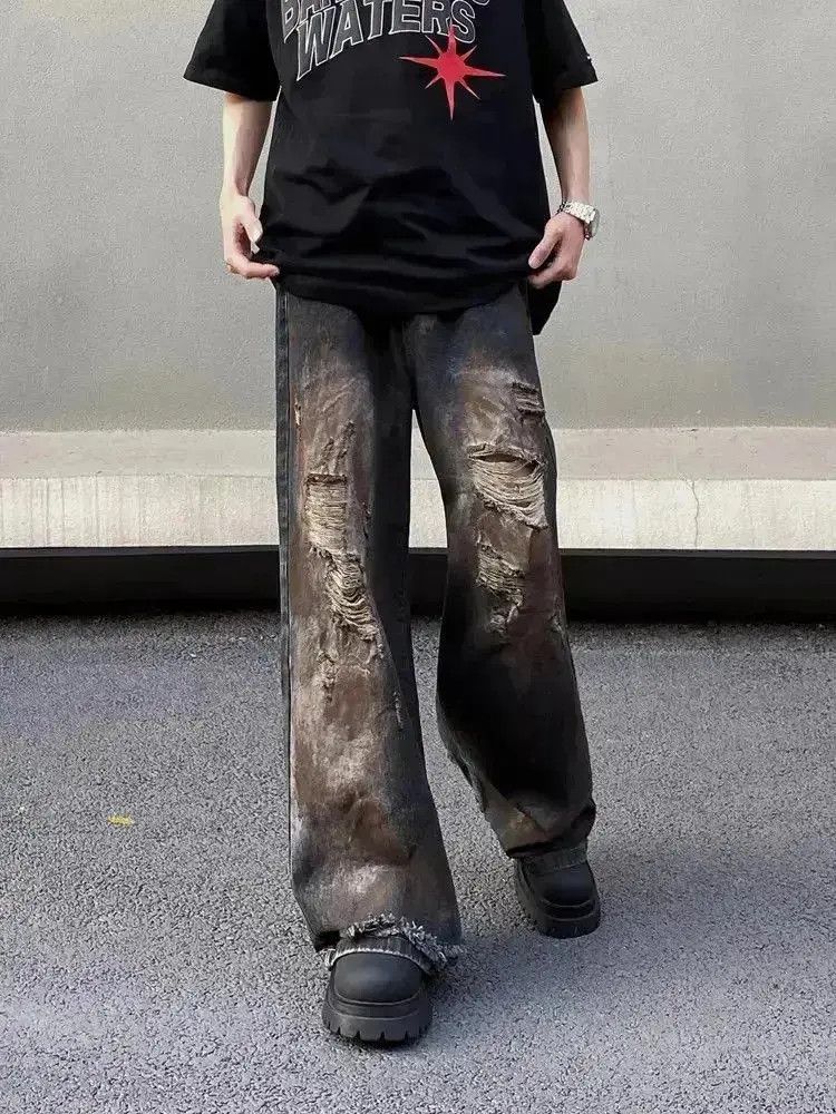 Japanese Brand Retro loose fitting straight leg distressed jeans Size US 32 / EU 48 - 4 Thumbnail